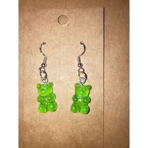 ☀️3/$9☀️ Green Glitter Resin Gummy Bear Dangle Earring with .925 Silver Hooks